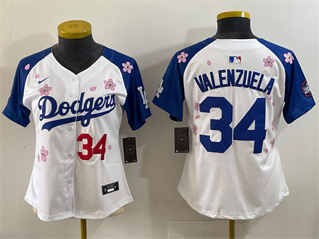 Women's Los Angeles Dodgers #34 Fernando Valenzuela White/Royal 2025 Tokyo Series Limited Stitched Baseball Jersey(Run Small)